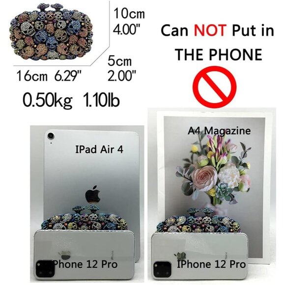 Women Sliver Boutique Skull Crystal Clutch Rhinestone Handbags Bag Mini - Picture 4 of 9